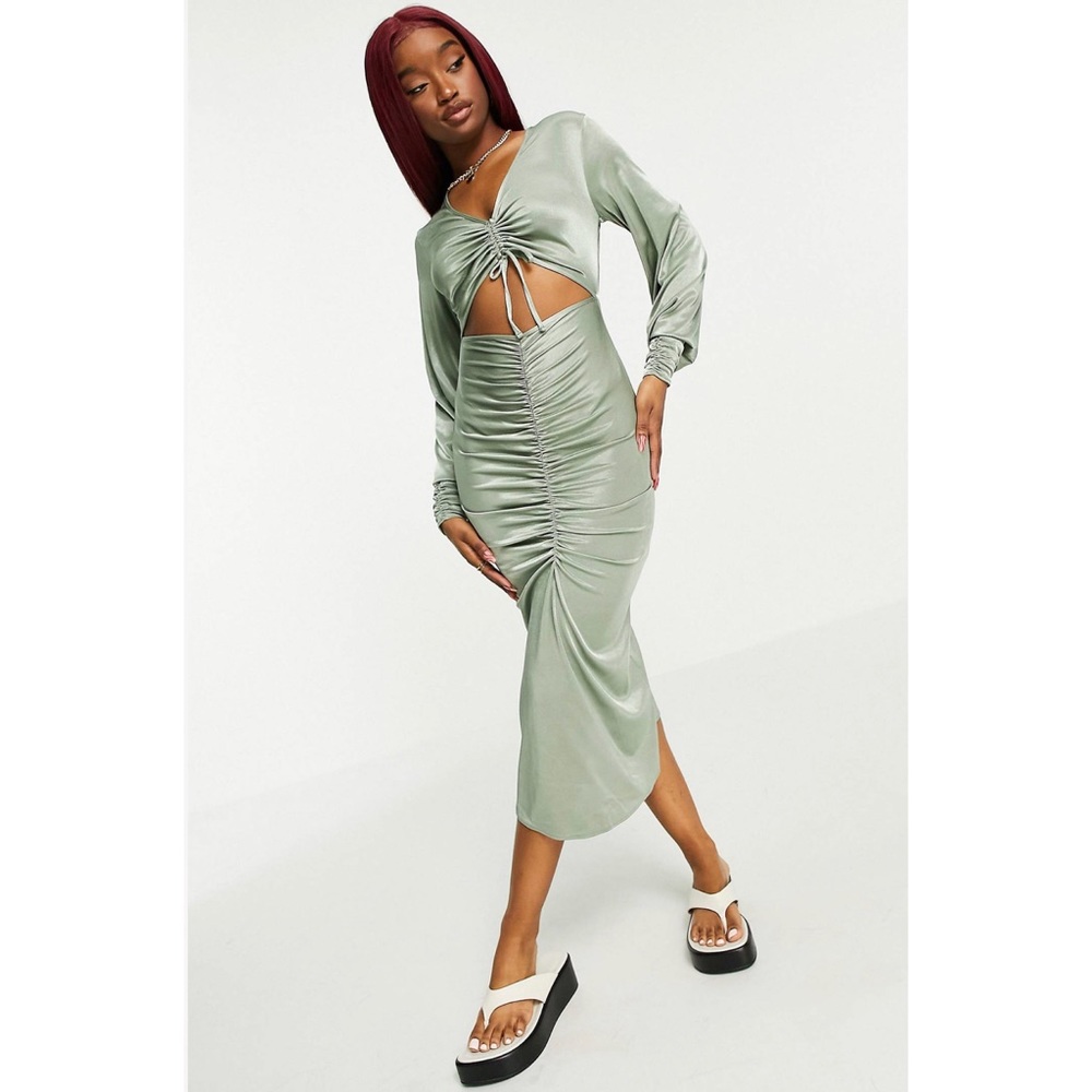 ASOS DESIGN two piece ruched satin midi dress in sage green
